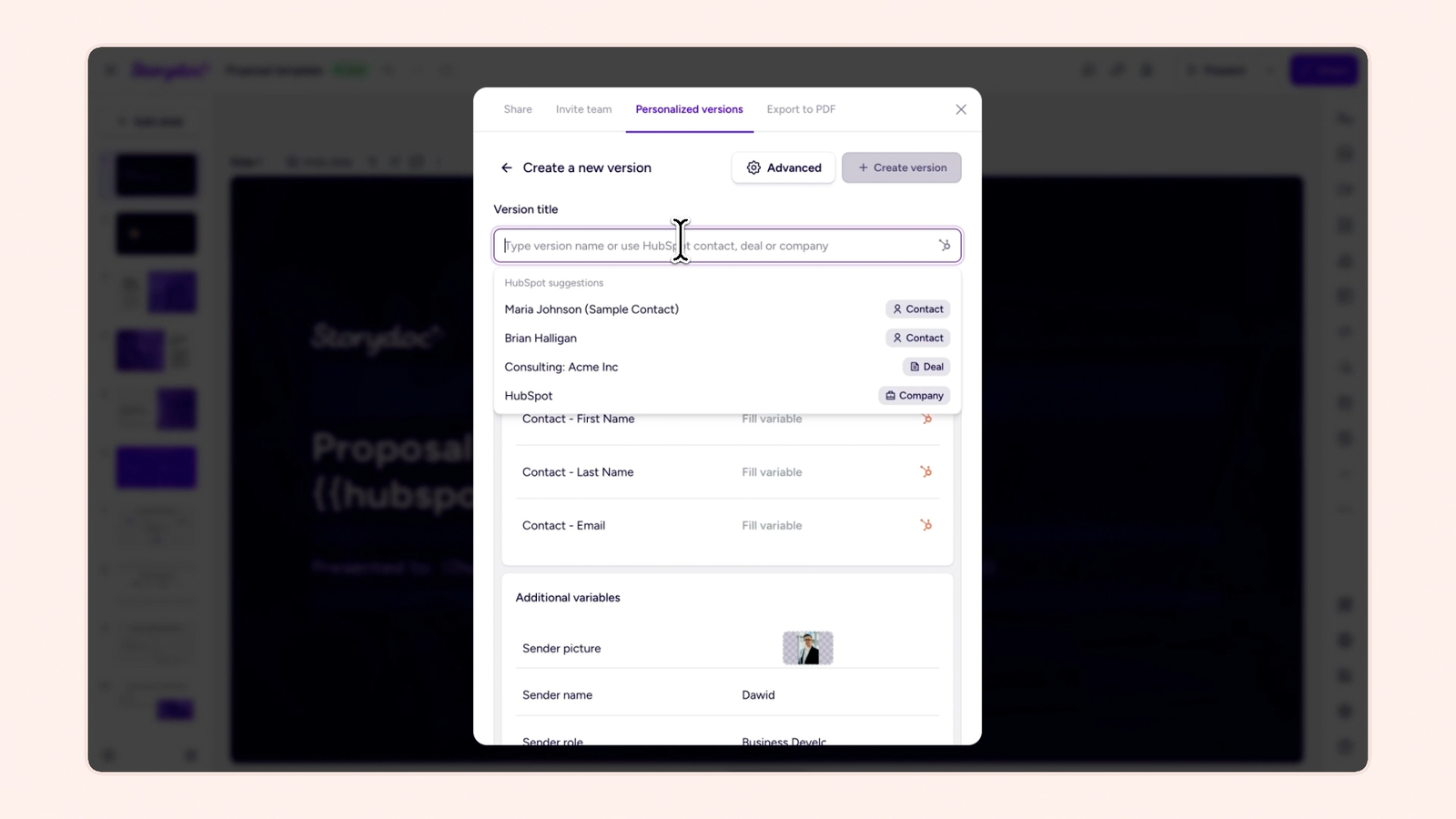 Storydoc personalized versions screen with HubSpot suggestions for contact, deal, and company.