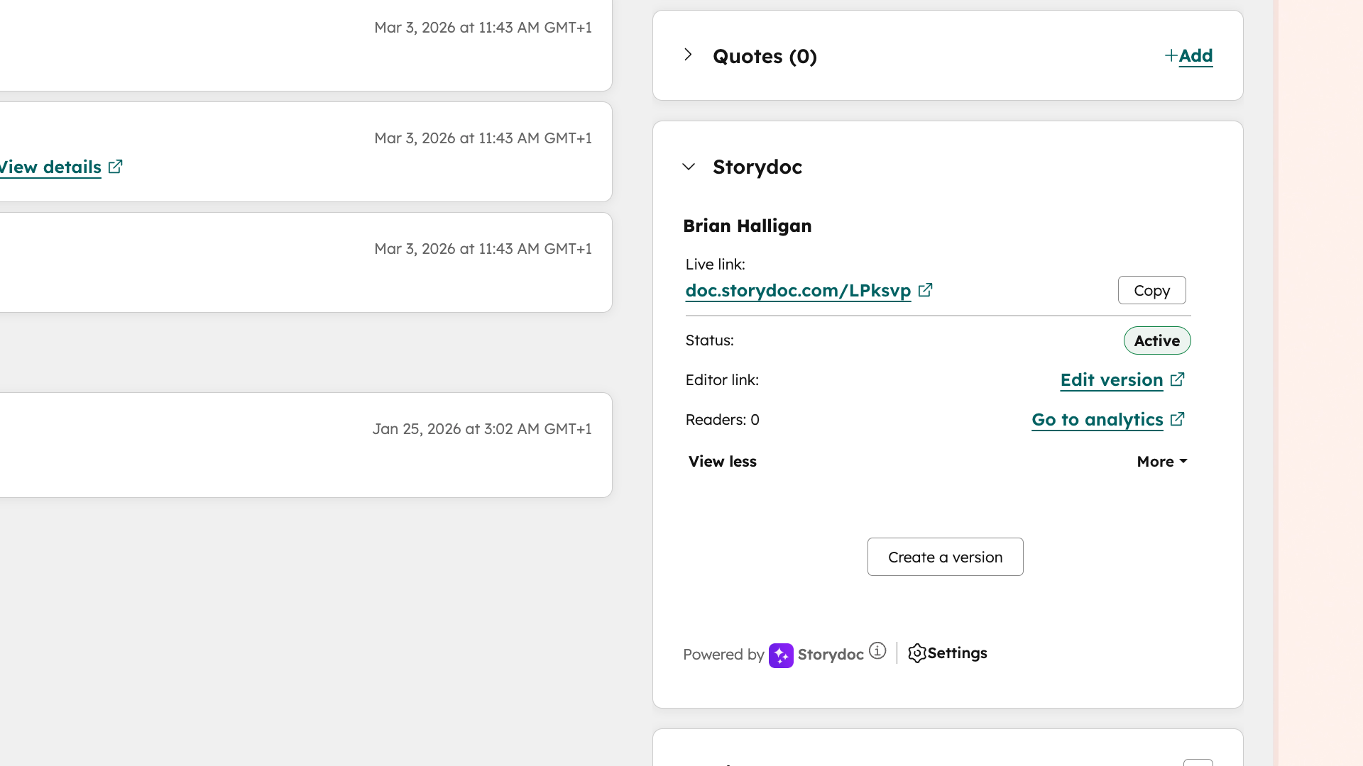 HubSpot record with the Storydoc card and a Create a version button.